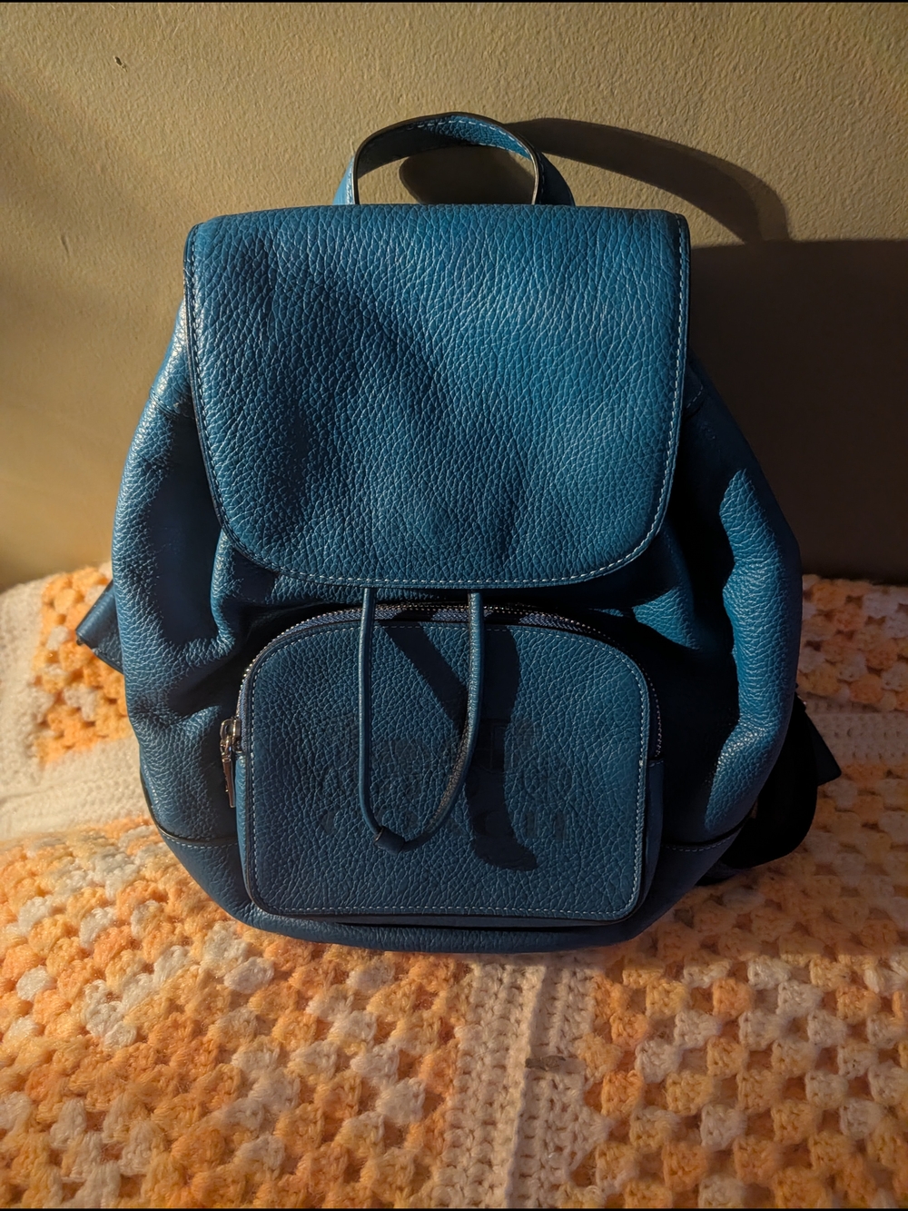 Coach Teal Blue Jes Pebbled Leather Backpack